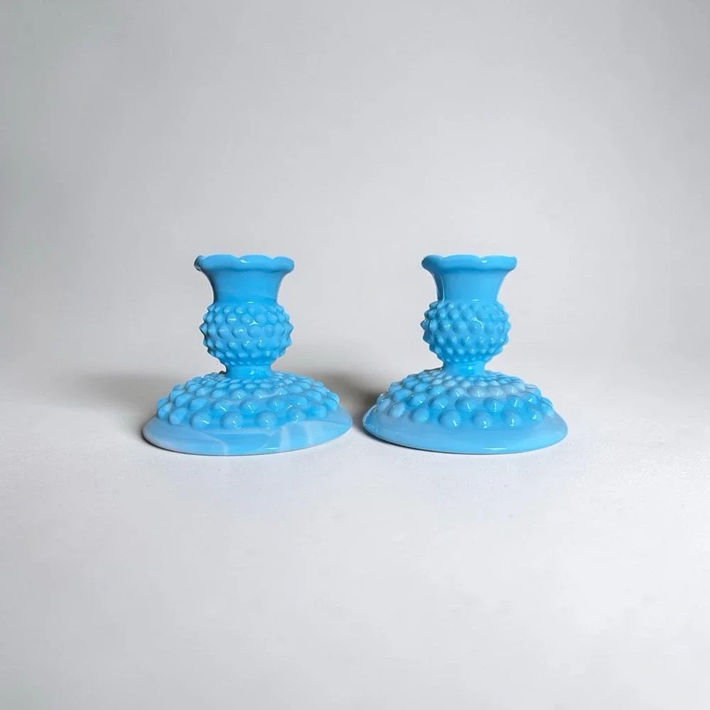 Pair Vtg Fenton Blue slag Hobnail Candle Holders Candlesticks Ruffled Rim
